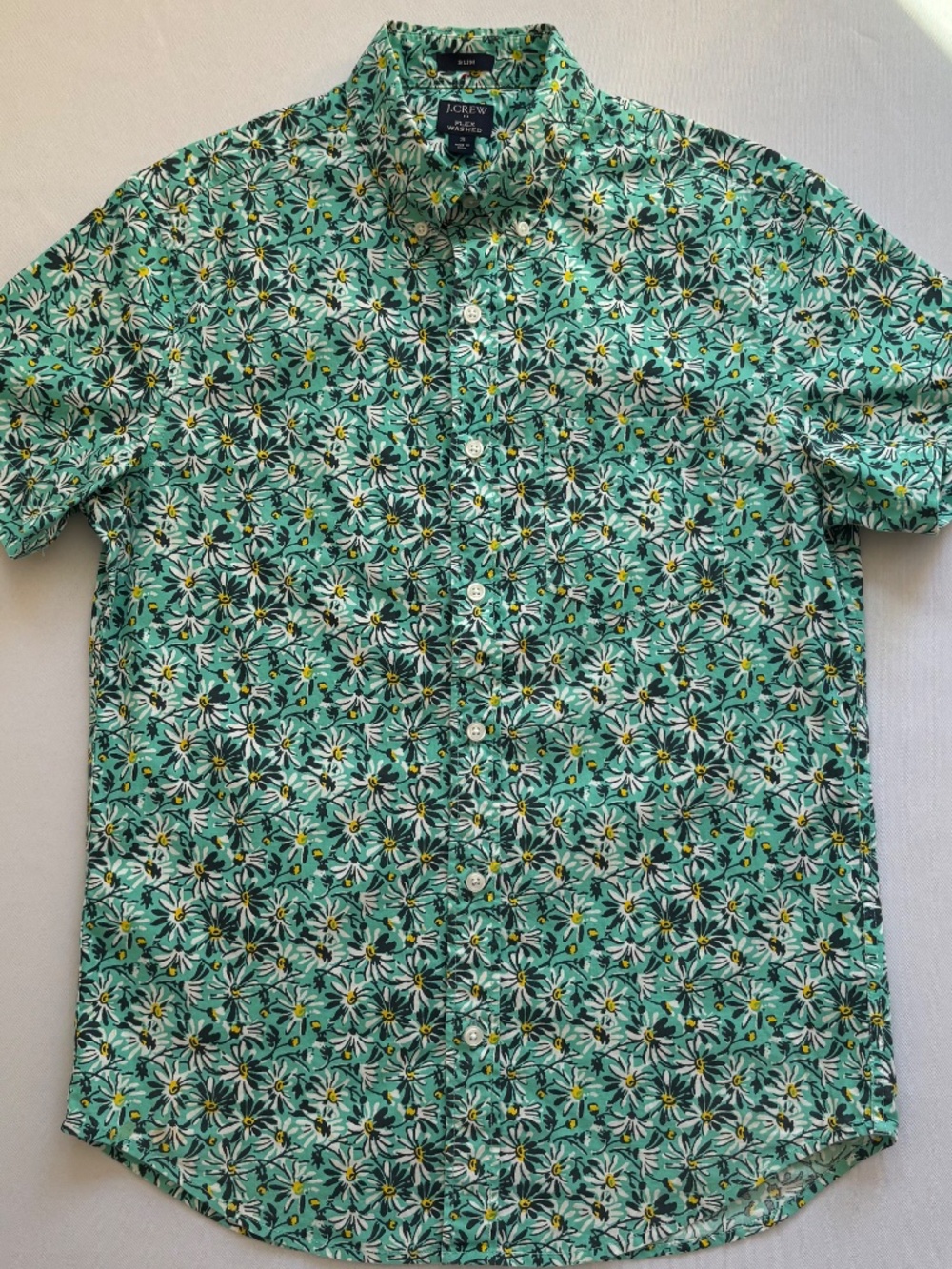 Floral Slim Fit Short Sleeve Button Down Shirt Green White Size S J.Crew
